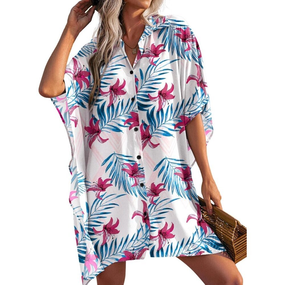 Women White Red Floral Sleeve Beachwear Bikini Button Down Oversized Shirt